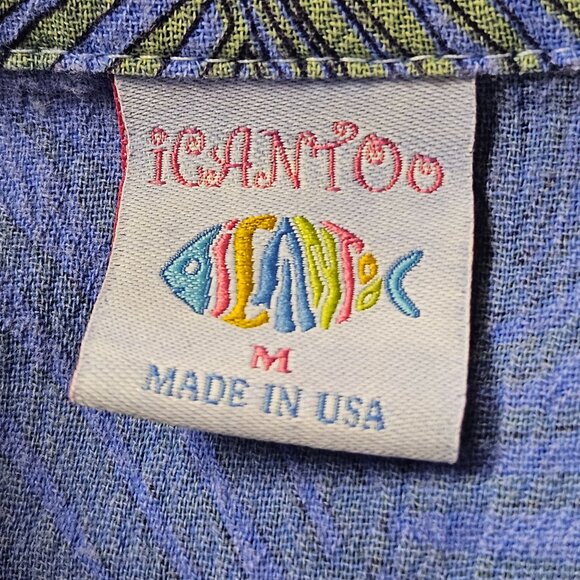 Icantoo Blouse Womens Size M Blue Tropical Print Button Up Shirt Top Cotton - Picture 8 of 8